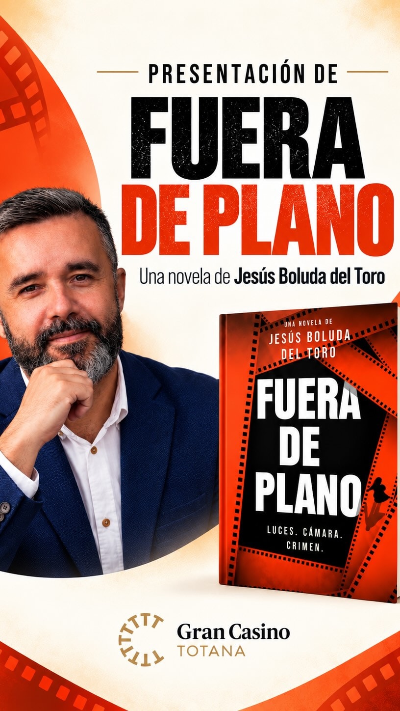 Cartel de la presentación de Fuera de plano con Jesús Boluda y la portada de la novela